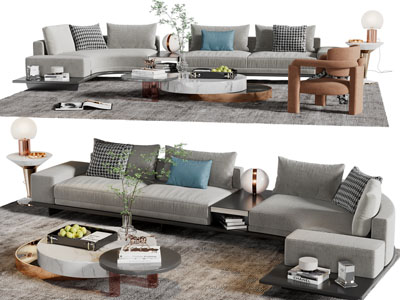 现代转角布艺多人沙发、茶几组合