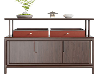 新中式实木玄关柜、盆景盆栽