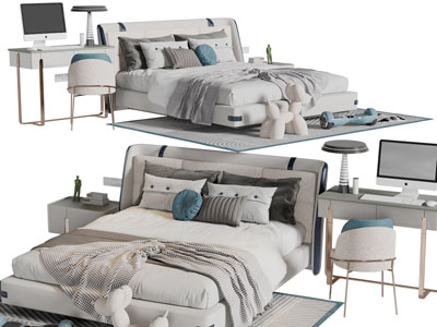 现代双人床、书桌椅组合