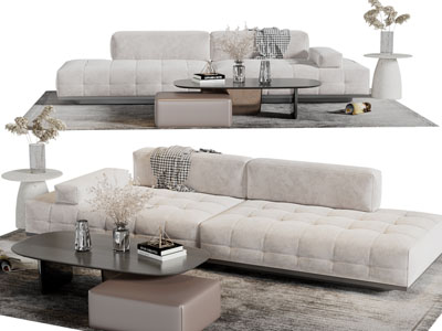 现代布艺无扶手多人沙发、茶几组合