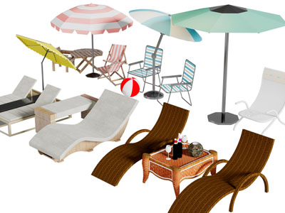现代户外躺椅、遮阳伞