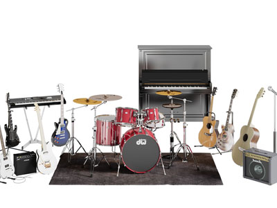 现代钢琴、爵士鼓、吉他乐器组合3d模型 现代钢琴、爵士鼓、吉他乐器组合