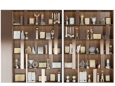 现代实木奖牌奖杯荣誉展柜3d模型 现代实木奖牌奖杯荣誉展柜