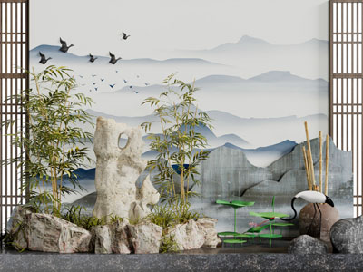 中式假山、竹子、水池景观园艺小品