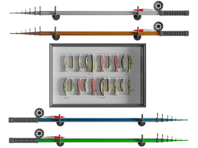 现代墙面鱼竿、渔具