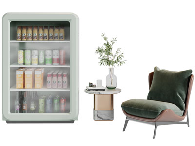 现代休闲椅子和冰箱