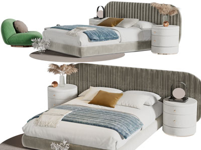 侘寂风布艺双人床、休闲椅子