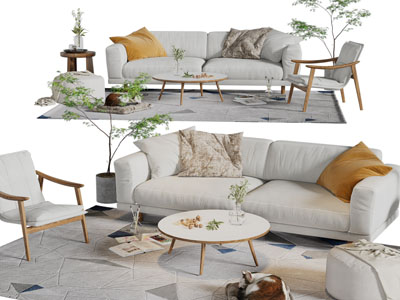 北欧布艺双人沙发、休闲椅子、茶几组合