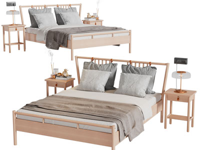 新中式实木双人床、床头柜