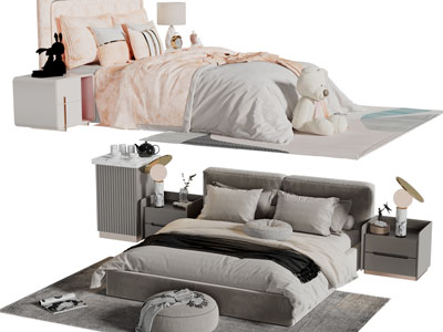 现代布艺双人床、床头柜