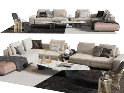 现代轻奢转角多人沙发、休闲椅子和茶几组合