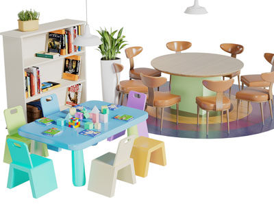 现代幼儿儿童桌椅组合、书柜