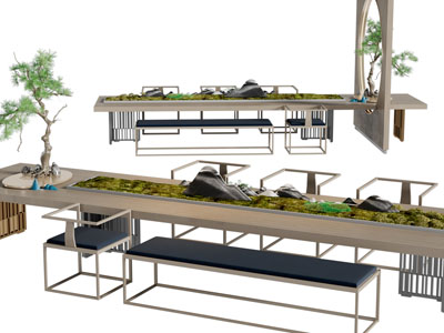 新中式装饰盆景的茶桌椅组合