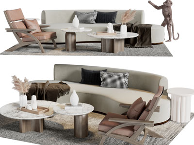 侘寂风多人沙发、休闲椅子和茶几组合