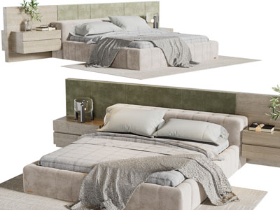 现代双人床、悬挂式床头柜