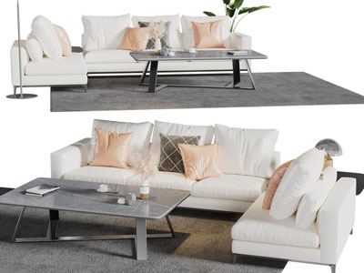 现代白色转角多人沙发、茶几组合