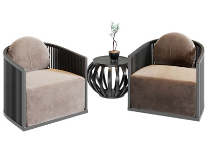 新中式单人沙发、边几3d模型 新中式单人沙发、边几