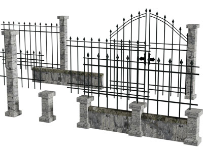 现代铁艺大门、门柱和围栏