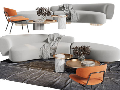 侘寂风多人沙发、休闲椅子、茶几组合