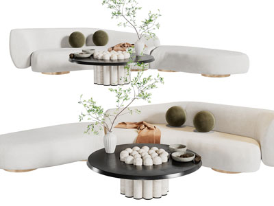 侘寂风布艺多人沙发、茶几组合