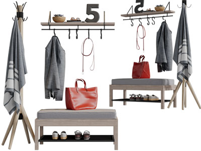 北欧实木换鞋凳、衣架