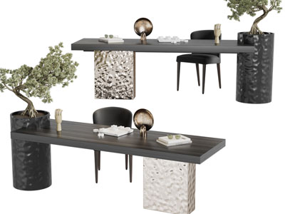 中式装饰盆景植物的书桌椅组合