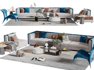 现代布艺多人沙发、休闲椅子和茶几组合