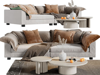 现代布艺多人沙发、茶几组合