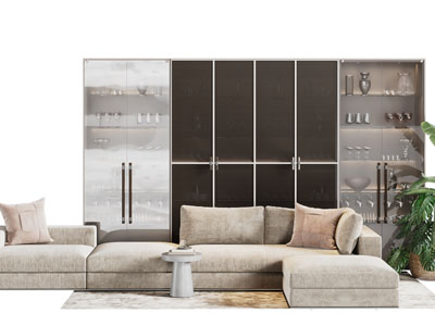 侘寂风布艺多人沙发、酒柜和茶几