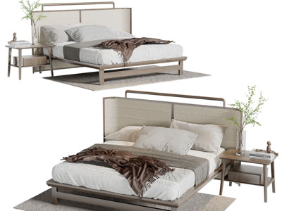 新中式实木双人床、床头柜