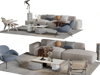 侘寂风多人沙发、休闲椅子和茶几组合