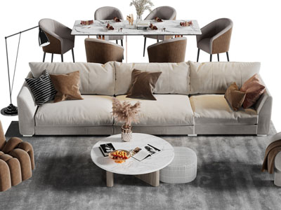 现代布艺多人沙发、休闲椅子和茶几组合