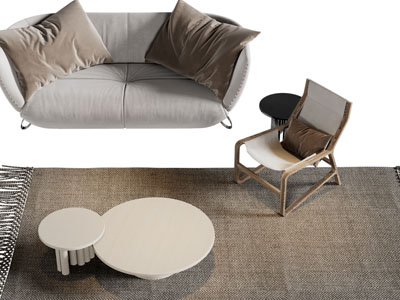 侘寂风布艺双人沙发、休闲椅子和茶几组合