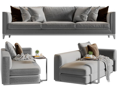 现代灰色多人沙发、贵妃椅3d模型 现代灰色多人沙发、贵妃椅