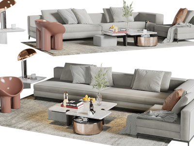 侘寂风多人沙发、休闲椅子和茶几组合