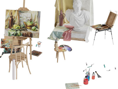 现代画具、画板、颜料3d模型 现代画具、画板、颜料