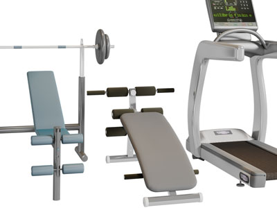 现代跑步机、仰卧起坐凳子和举重器健身器材3d模型 现代跑步机、仰卧起坐凳子和举重器健身器材