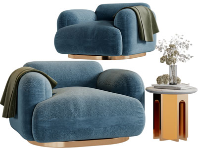 现代轻奢单人沙发、边几3d模型 现代轻奢单人沙发、边几