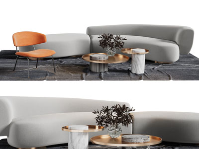 侘寂风多人沙发、休闲椅子和茶几组合