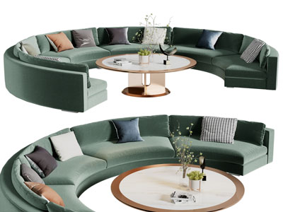 现代半圆形多人沙发和茶几组合