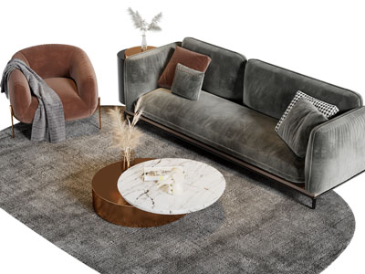 侘寂风布艺多人沙发、休闲椅子、茶几组合