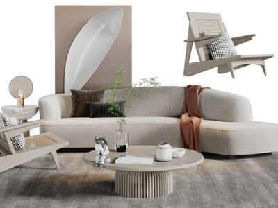 侘寂风多人沙发、休闲椅子、茶几组合