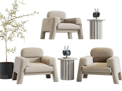 侘寂风单人沙发、边几3d模型 侘寂风单人沙发、边几