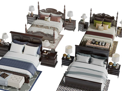 美式实木双人床、床头柜