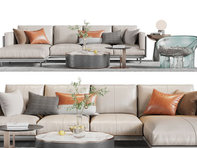 现代转角多人沙发、休闲椅子和茶几组合