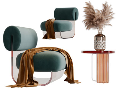 现代轻奢单人沙发、边几3d模型 现代轻奢单人沙发、边几