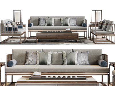 新中式多人、单人沙发和茶几组合
