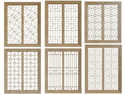 新中式实木边框的镂花窗、平开窗