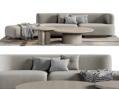 侘寂风弧形多人沙发、茶几组合