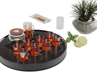 新中式圆形茶盘玻璃茶具杯子